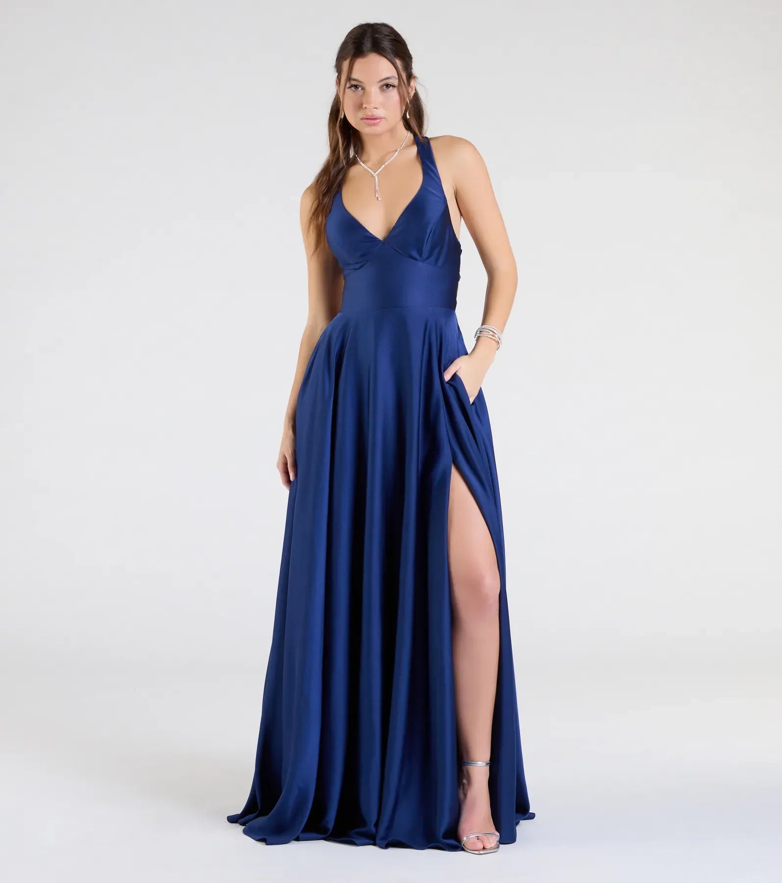 Sapphire Halter Deep V Crisscross Lace Up Back High Slit A Line Maxi Bridesmaid Dress