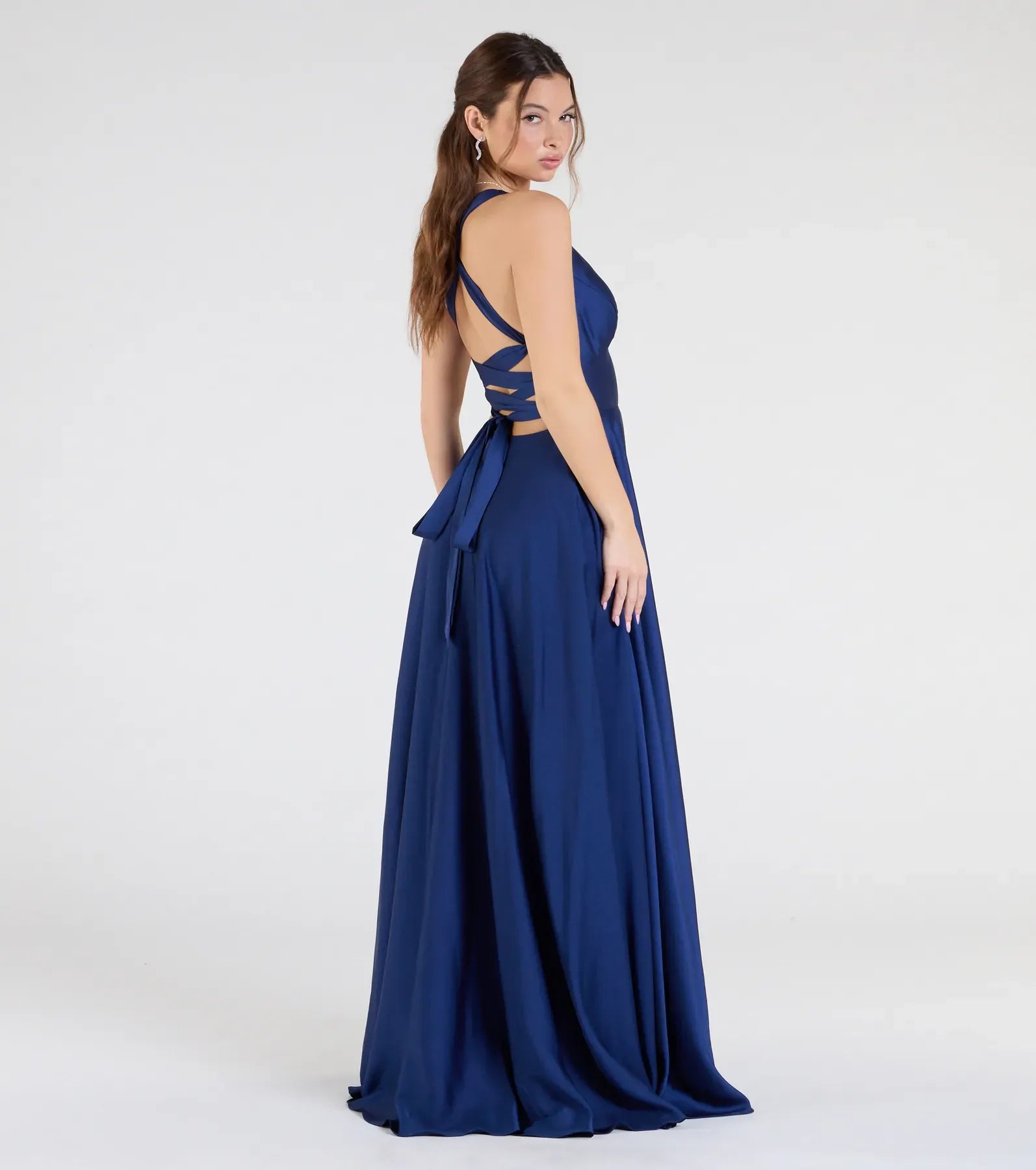 Sapphire Halter Deep V Crisscross Lace Up Back High Slit A Line Maxi Bridesmaid Dress