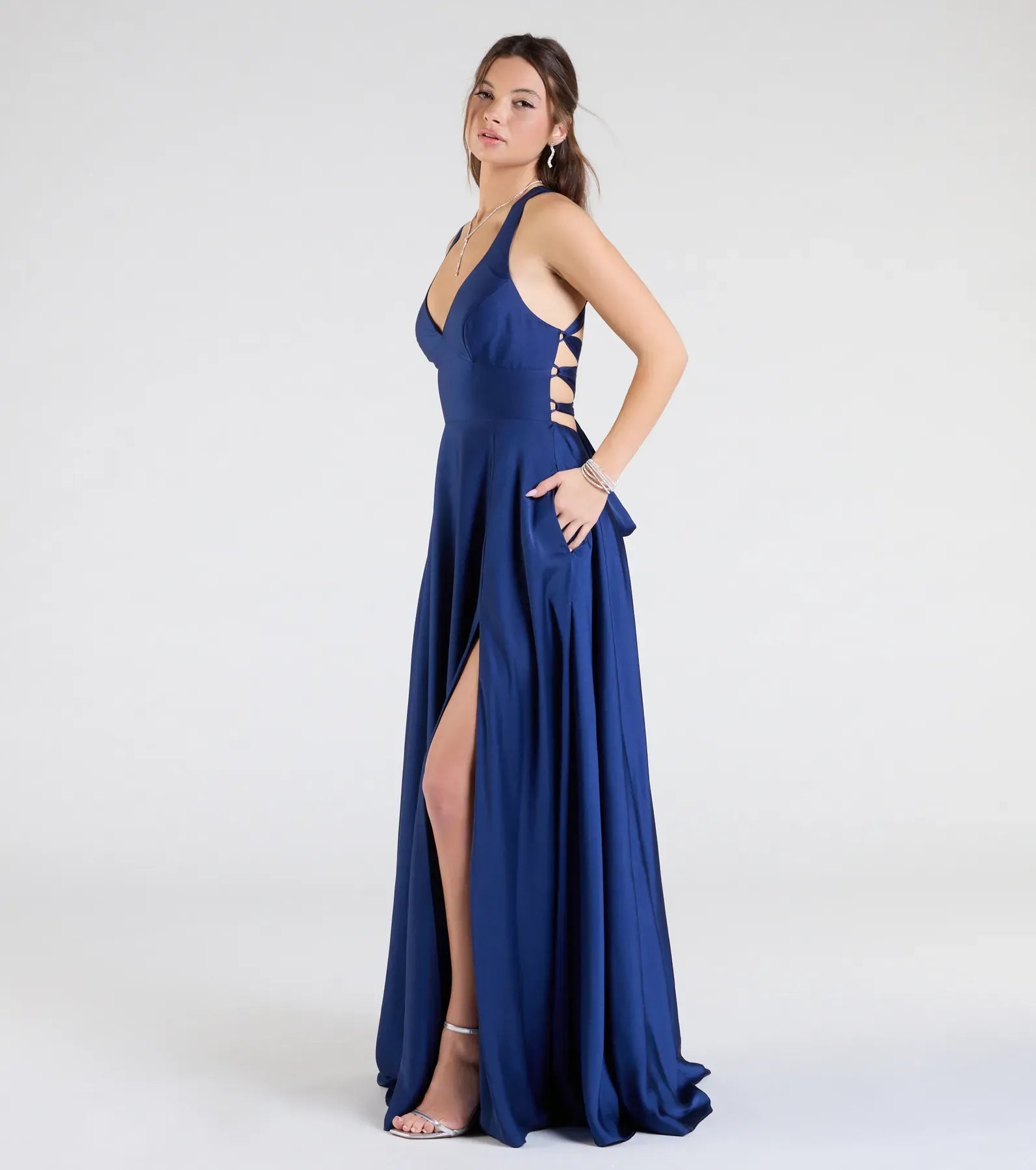 Sapphire Halter Deep V Crisscross Lace Up Back High Slit A Line Maxi Bridesmaid Dress
