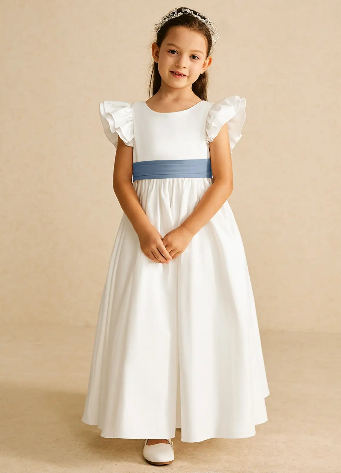 Sash A-Line Scoop Neck Flutter Sleeves V-Back Floor-Length Formal Flower Girl Dress