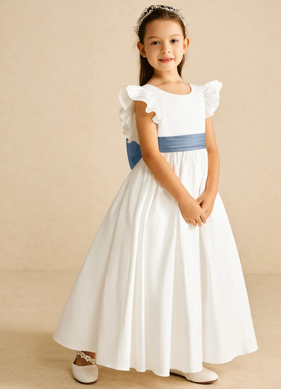 Sash A-Line Scoop Neck Flutter Sleeves V-Back Floor-Length Formal Flower Girl Dress