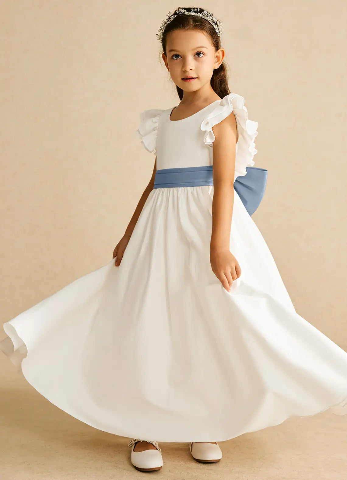 Sash A-Line Scoop Neck Flutter Sleeves V-Back Floor-Length Formal Flower Girl Dress