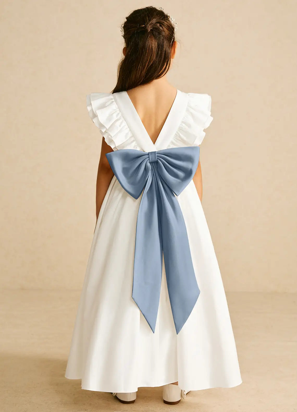 Sash A-Line Scoop Neck Flutter Sleeves V-Back Floor-Length Formal Flower Girl Dress