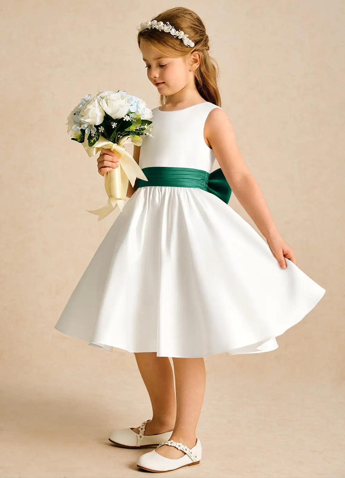 Sash A-Line Scoop Neck Sleeveless V-Back Knee-Length Formal Flower Girl Dress