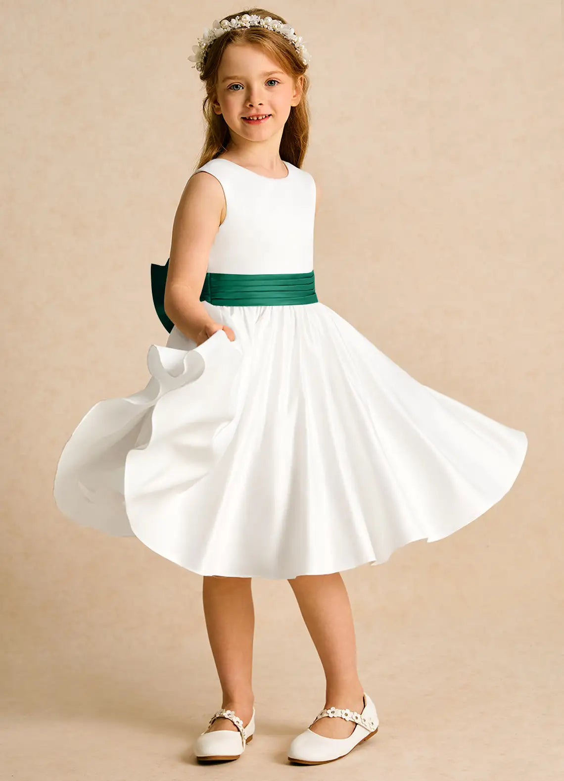 Sash A-Line Scoop Neck Sleeveless V-Back Knee-Length Formal Flower Girl Dress