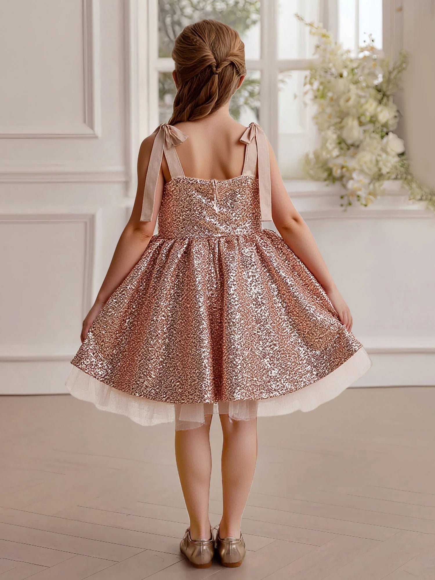 Satin Bow Spaghetti Strap Vertical Striped Solid Back Rose Gold Glitter Short Kids Party Dresses With Tulle Underskirt
