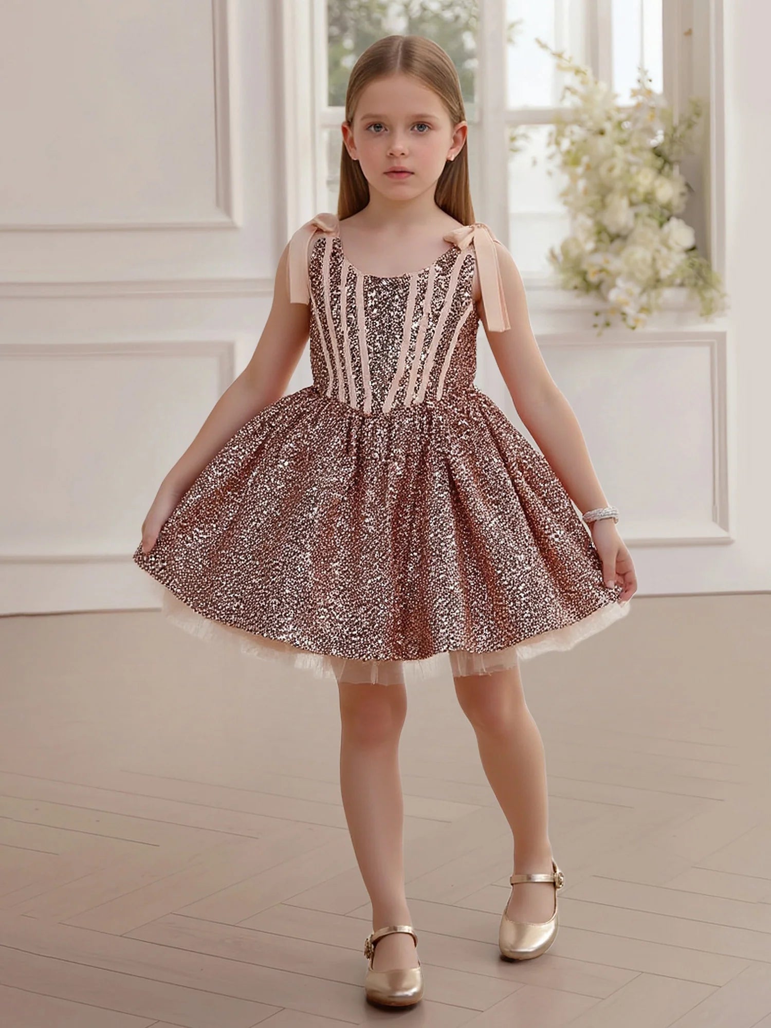 Satin Bow Spaghetti Strap Vertical Striped Solid Back Rose Gold Glitter Short Kids Party Dresses With Tulle Underskirt