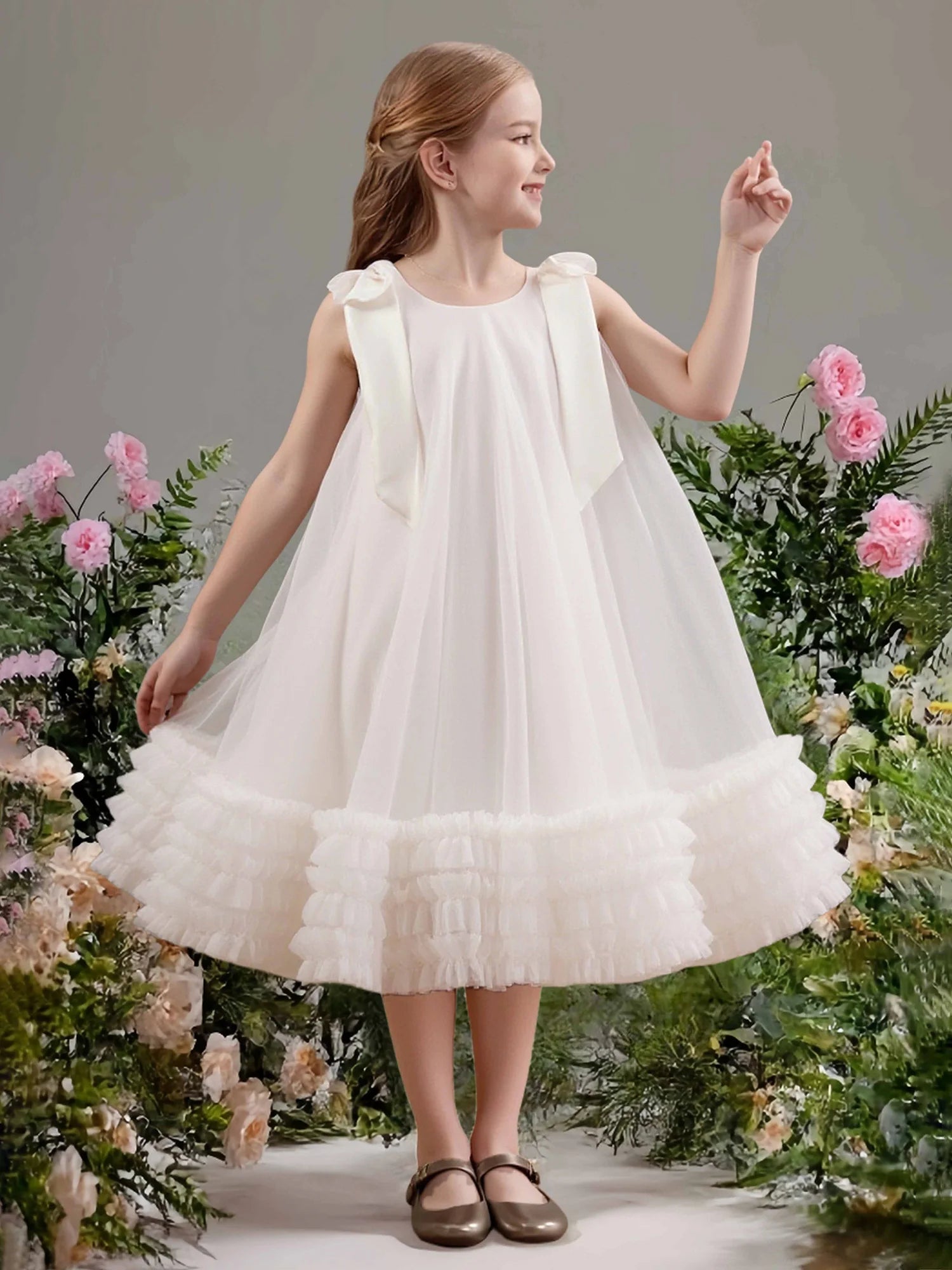 Satin Bow Strap Round Solid Back Multi Ruffle Tier White Tulle Midi Flower Girl Dresses