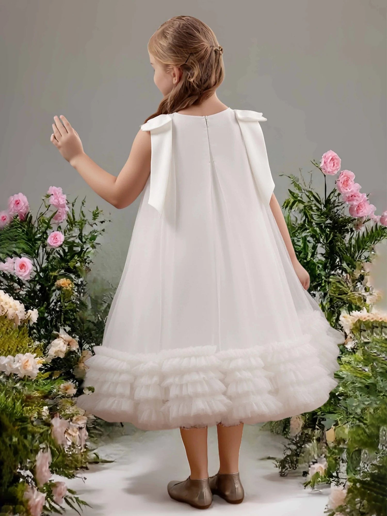Satin Bow Strap Round Solid Back Multi Ruffle Tier White Tulle Midi Flower Girl Dresses