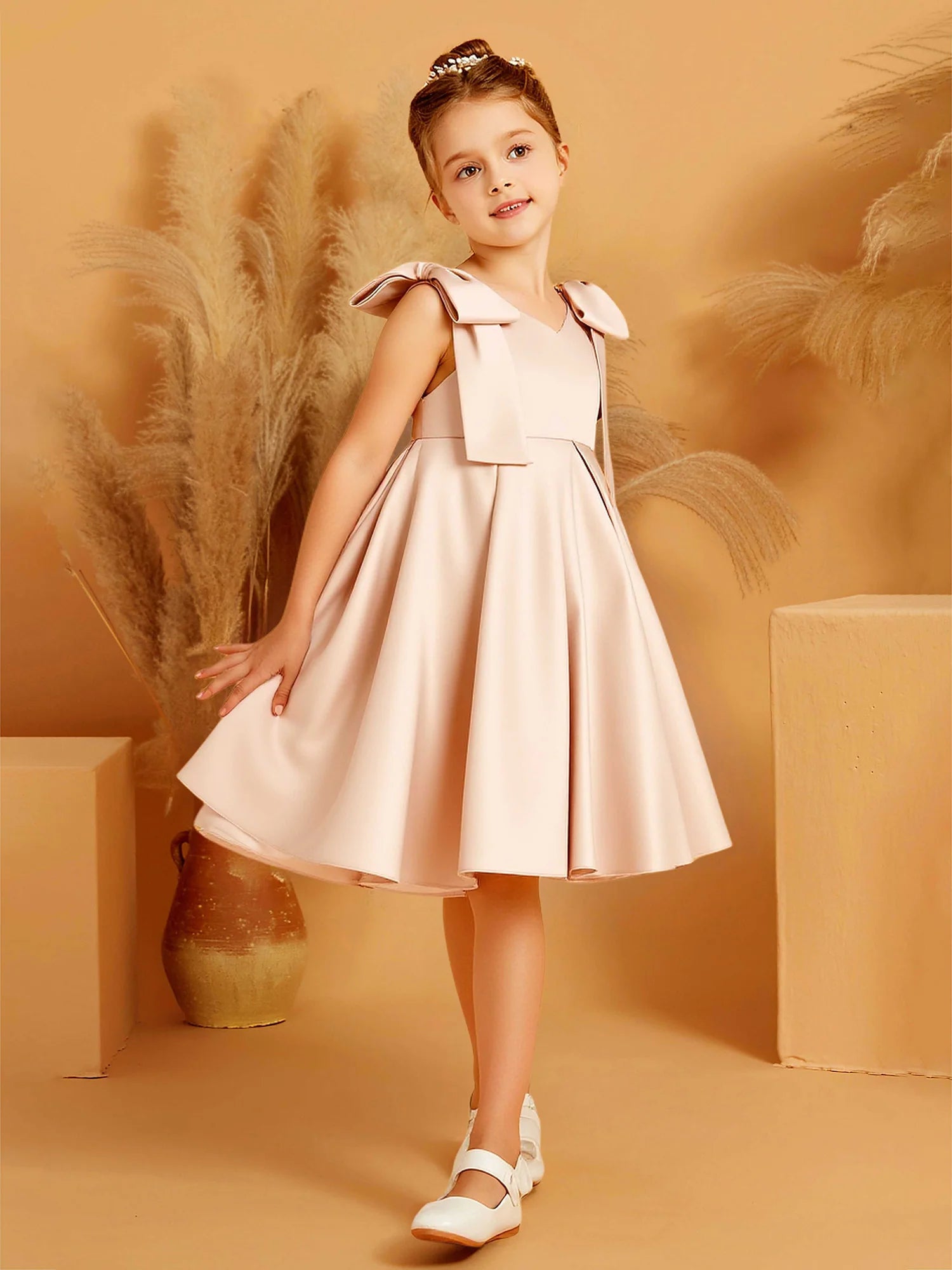 Satin Shoulder Bow V Neck Simple V Back Knee Length Champagne Satin Flower Girl Dresses