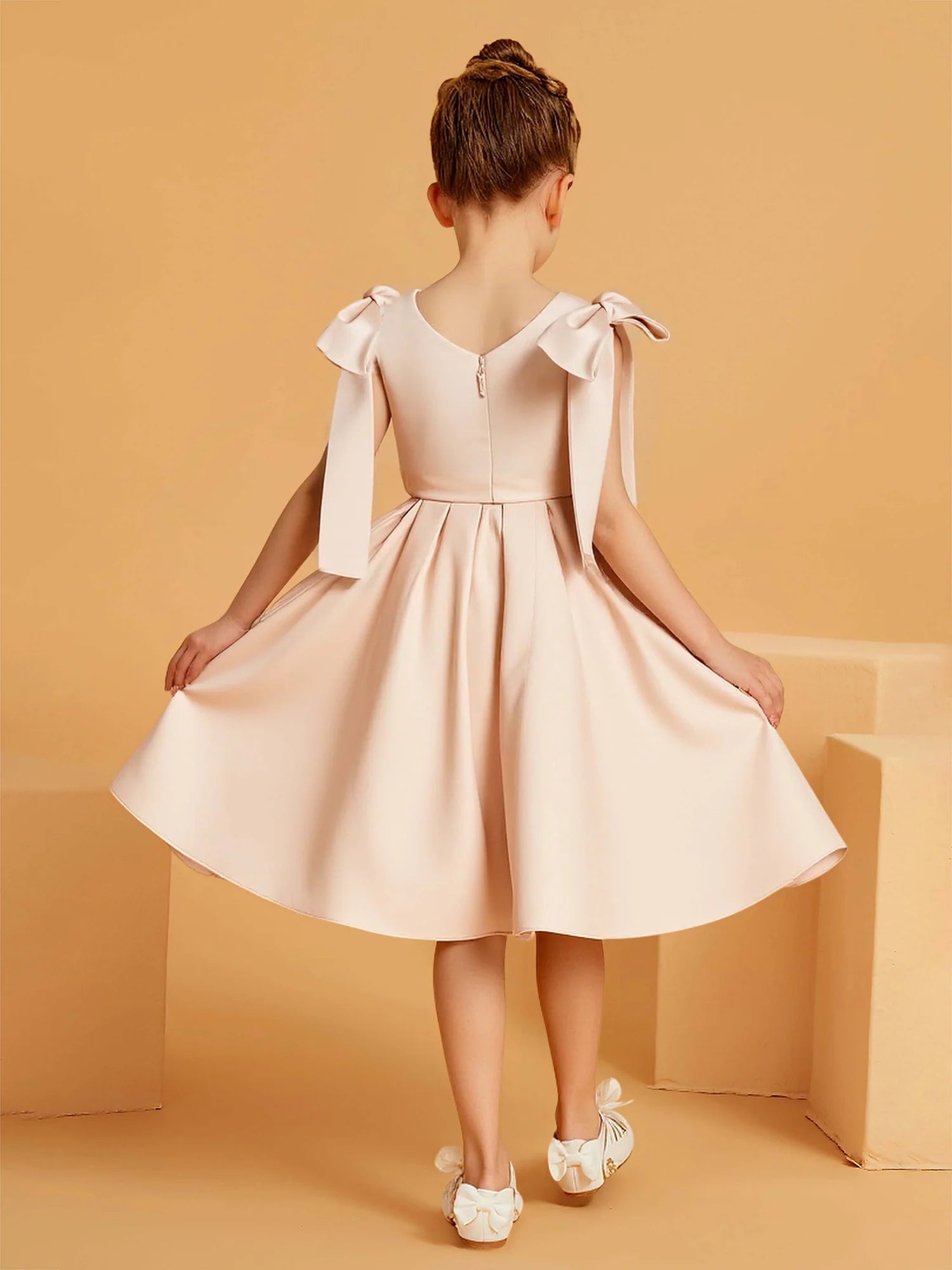 Satin Shoulder Bow V Neck Simple V Back Knee Length Champagne Satin Flower Girl Dresses