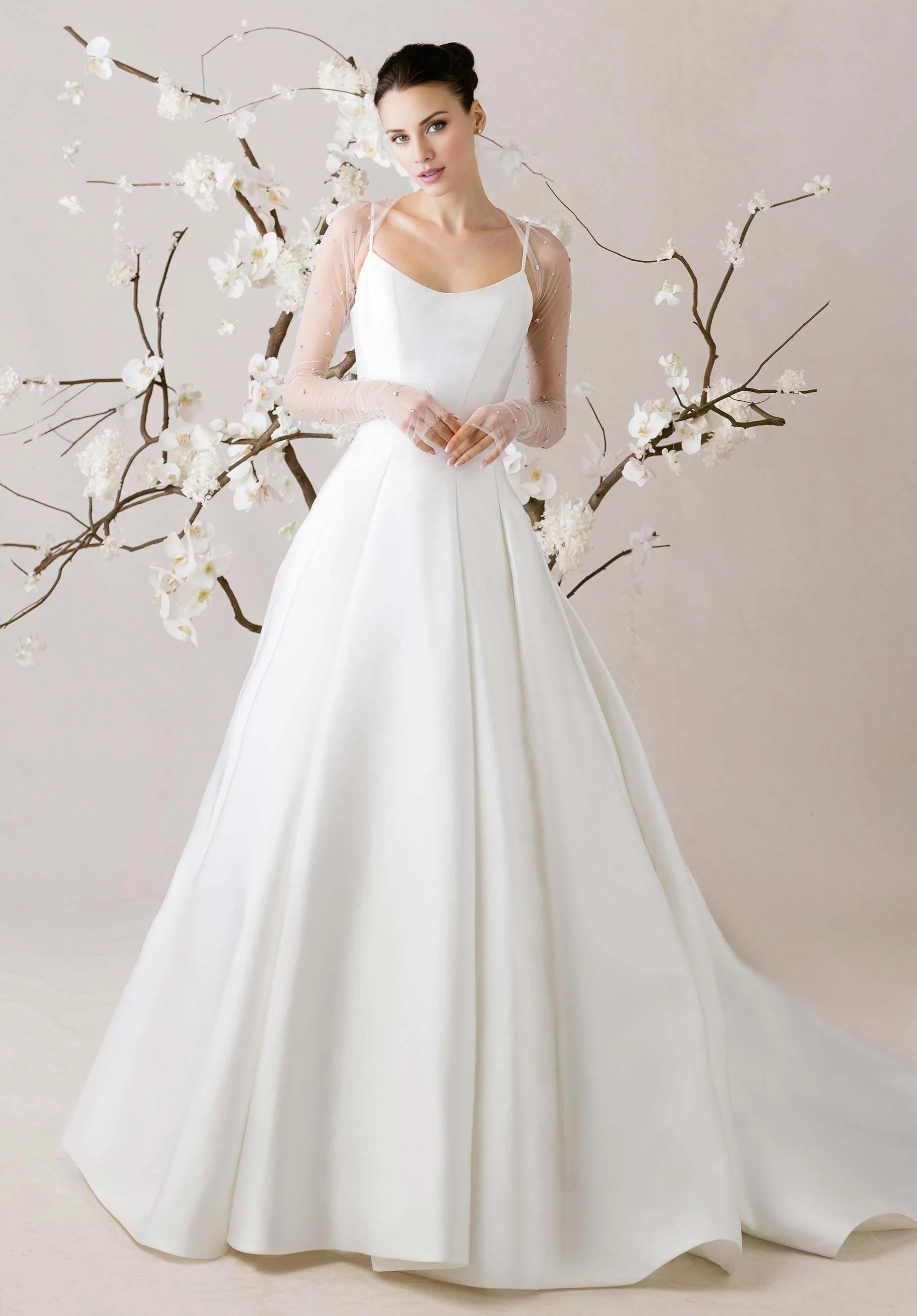 Satin Ball Gown Wedding Dress with Sheer Beaded Long Sleeves and Open Back