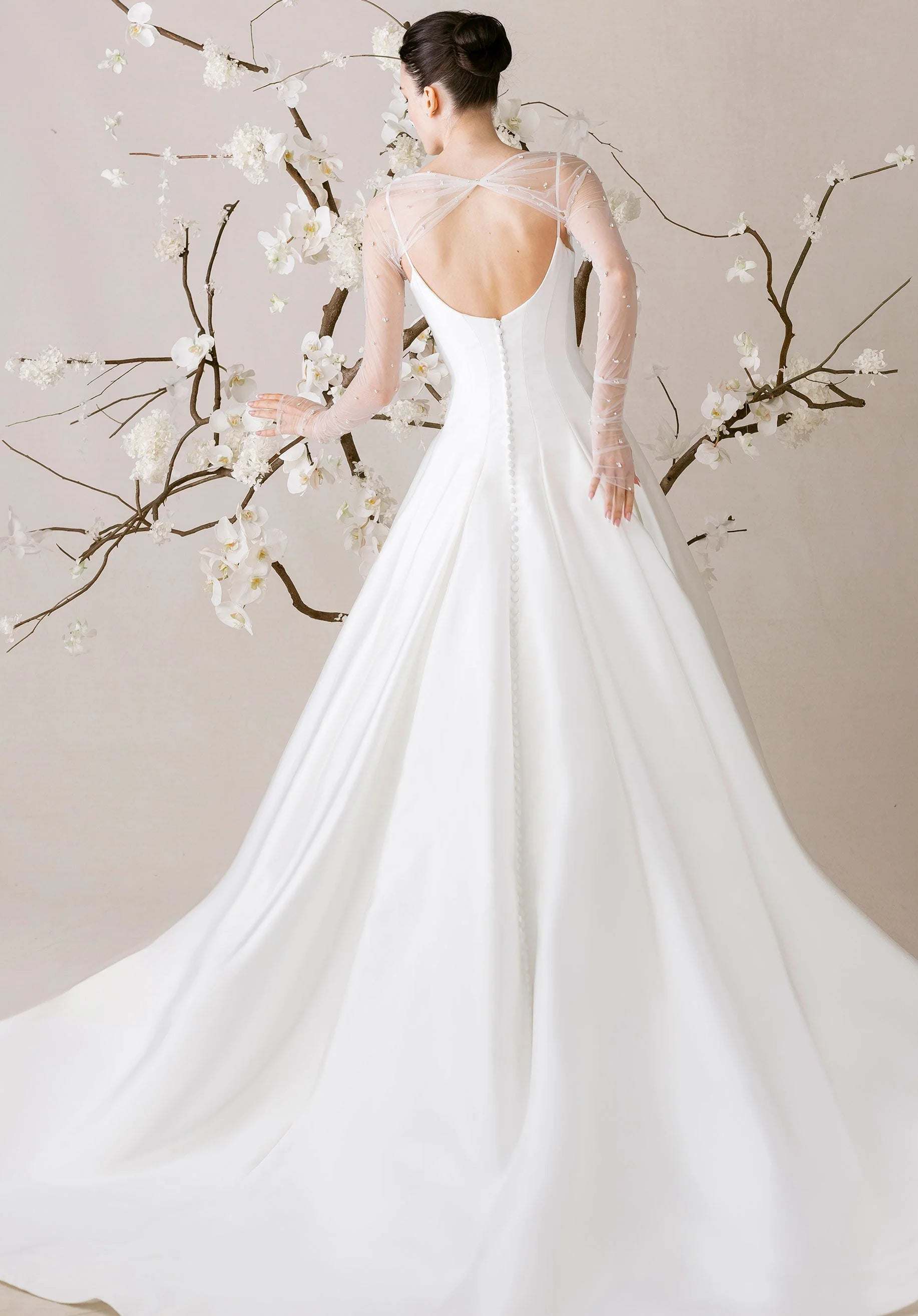 Satin Ball Gown Wedding Dress with Sheer Beaded Long Sleeves and Open Back