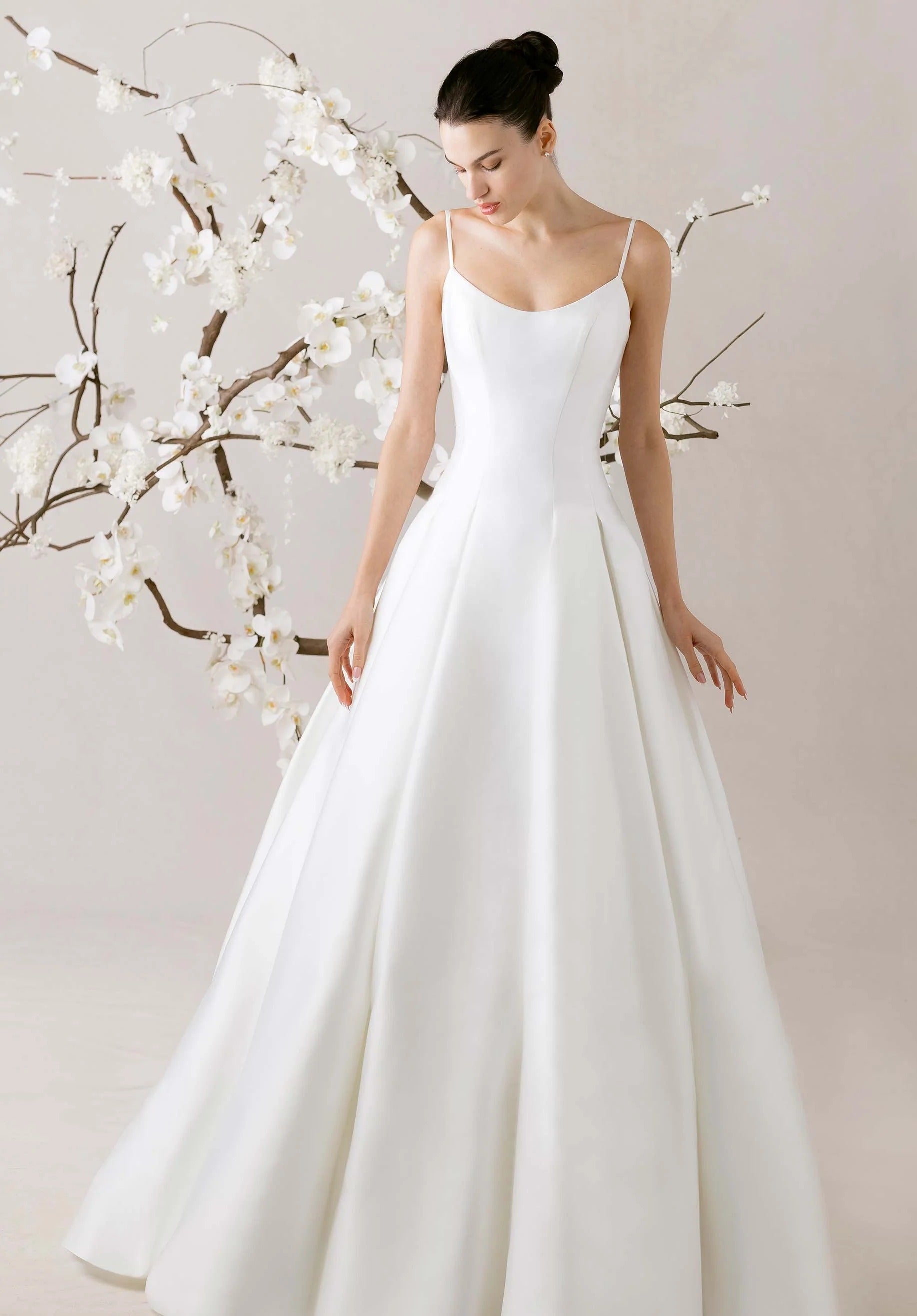 Satin Ball Gown Wedding Dress with Sheer Beaded Long Sleeves and Open Back