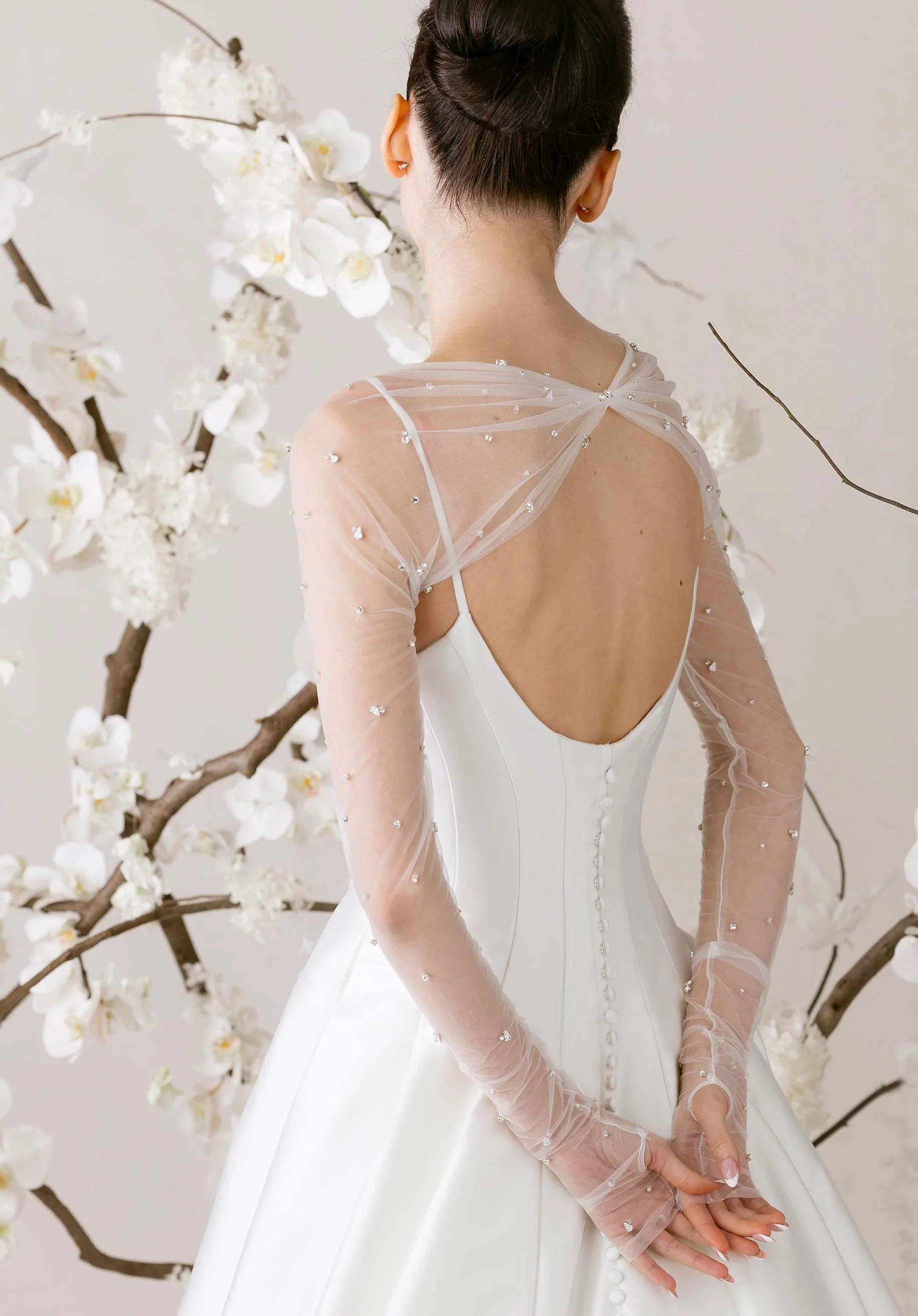Satin Ball Gown Wedding Dress with Sheer Beaded Long Sleeves and Open Back