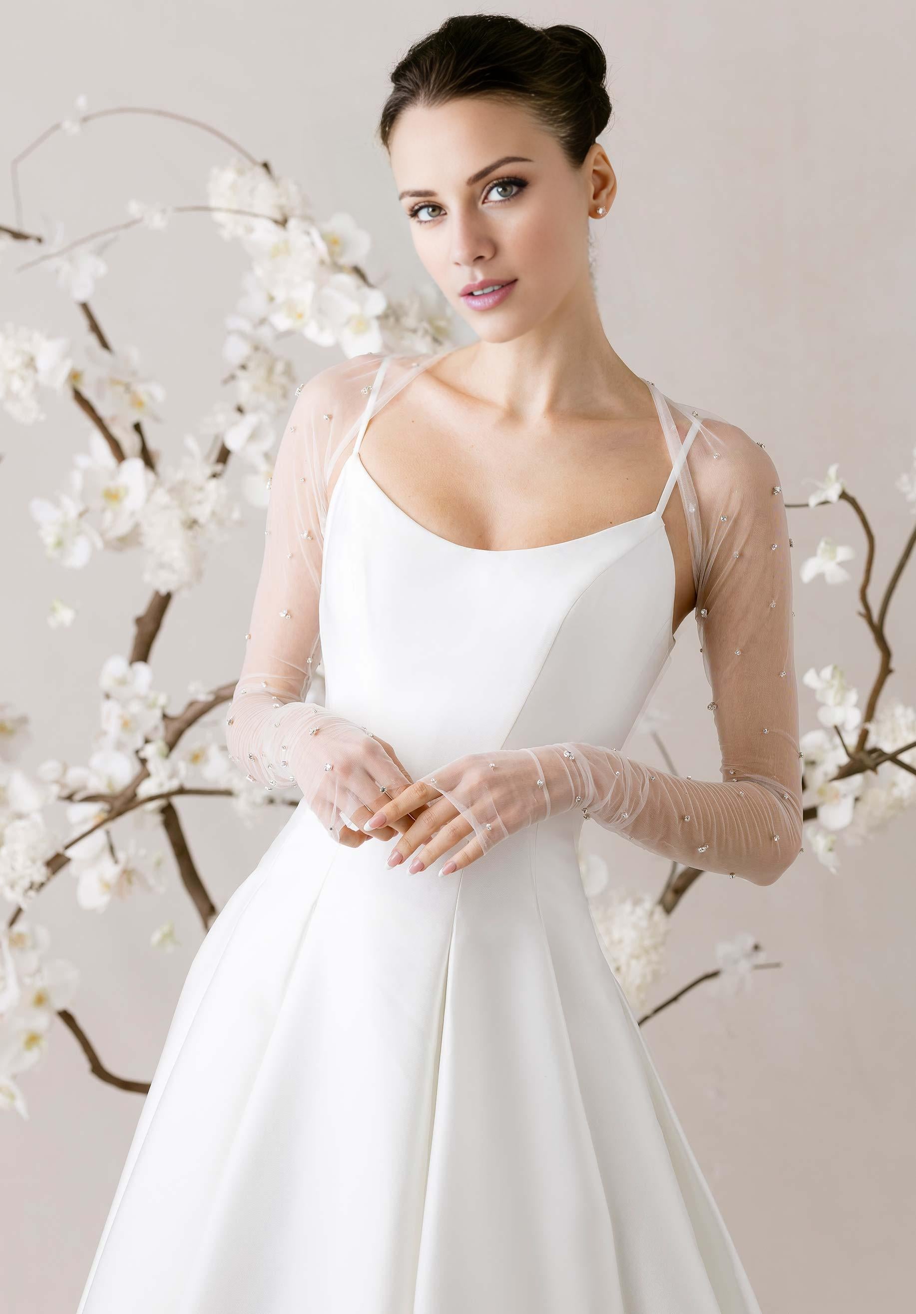 Satin Ball Gown Wedding Dress with Sheer Beaded Long Sleeves and Open Back