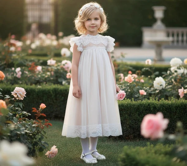 Scalloped High Neck Ruffle Cap Sleeve Ivory Tulle Midi Empire Waist Flower Girl Dresses