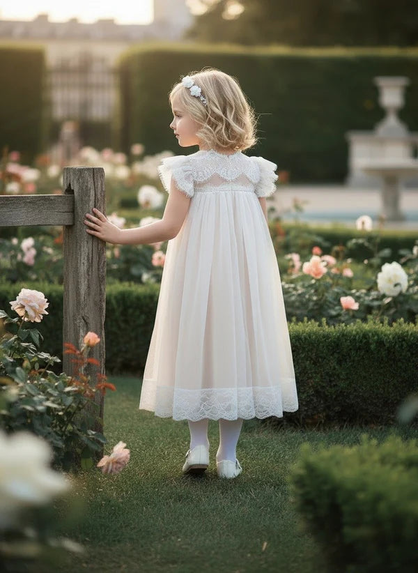 Scalloped High Neck Ruffle Cap Sleeve Ivory Tulle Midi Empire Waist Flower Girl Dresses