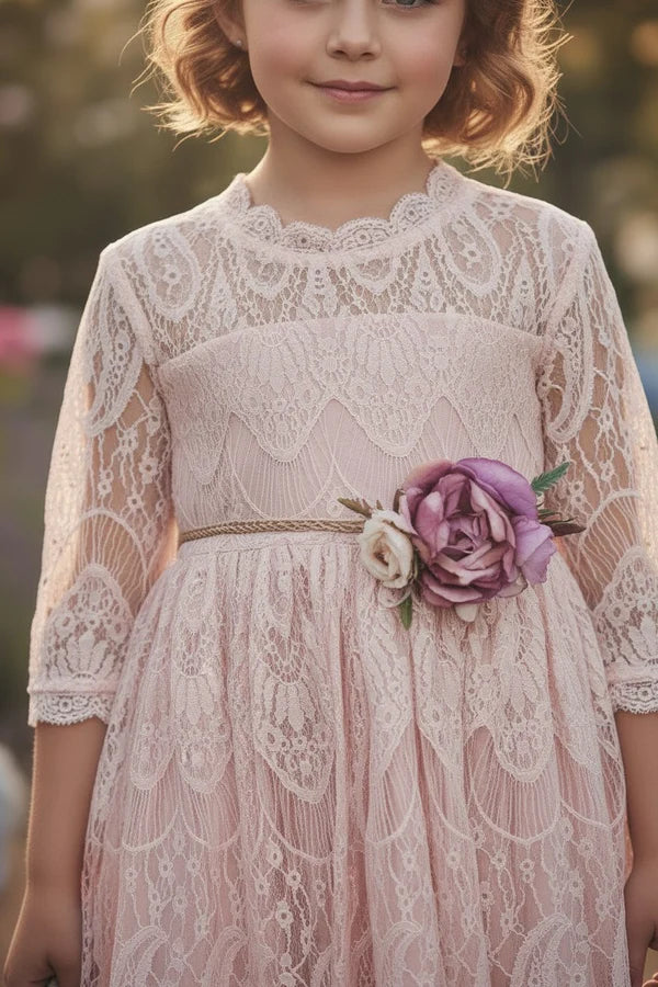 Scalloped High Neck Three Quarter Lace Blush Full Length Empire Waist Flower Girl Dresses