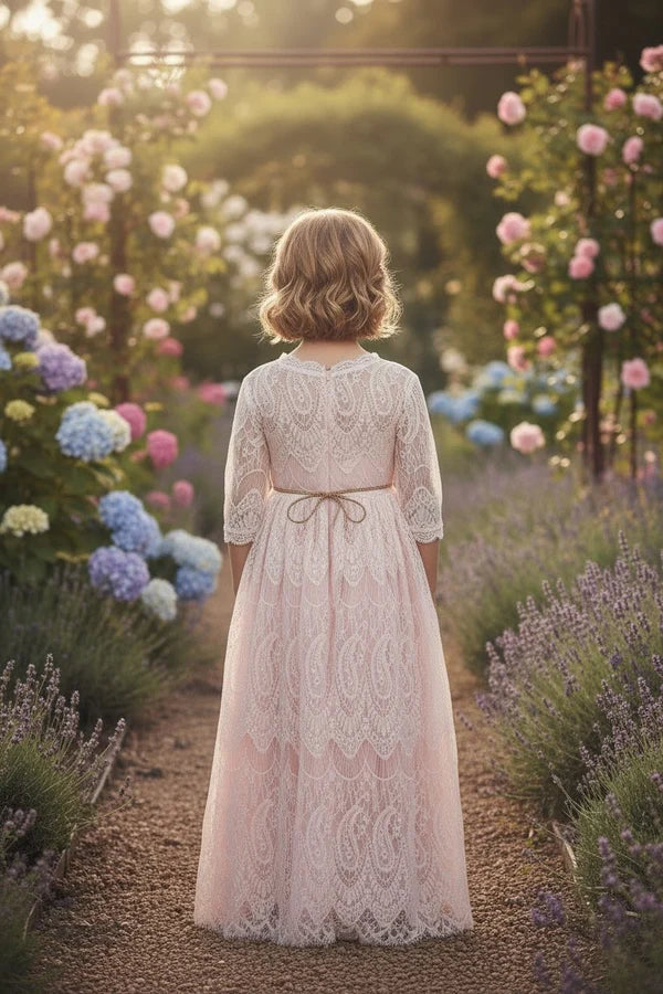 Scalloped High Neck Three Quarter Lace Blush Full Length Empire Waist Flower Girl Dresses