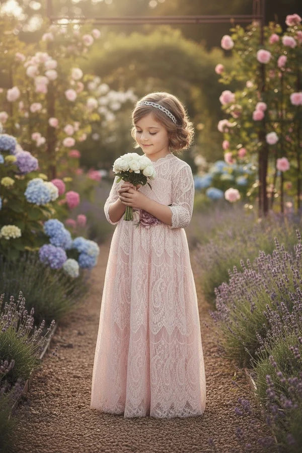 Scalloped High Neck Three Quarter Lace Blush Full Length Empire Waist Flower Girl Dresses