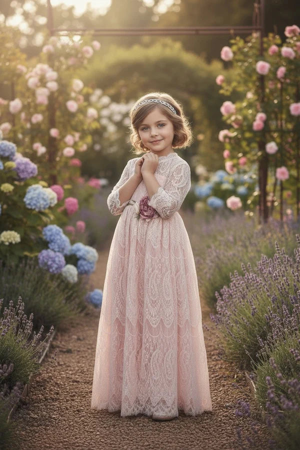 Scalloped High Neck Three Quarter Lace Blush Full Length Empire Waist Flower Girl Dresses