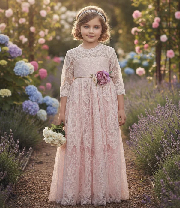 Scalloped High Neck Three Quarter Lace Blush Full Length Empire Waist Flower Girl Dresses