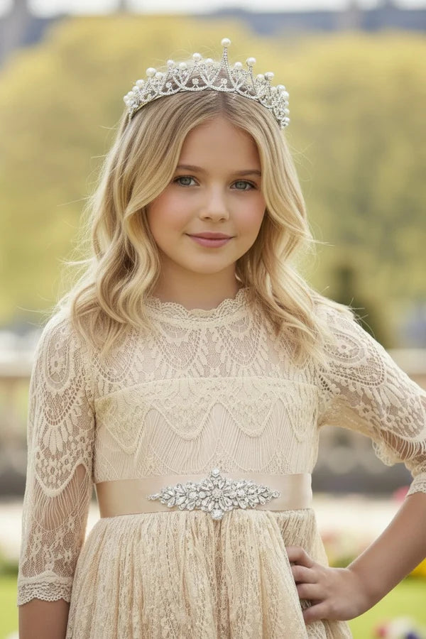 Scalloped High Neck Three Quarter Lace Champagne Full Length Empire Waist Flower Girl Dresses