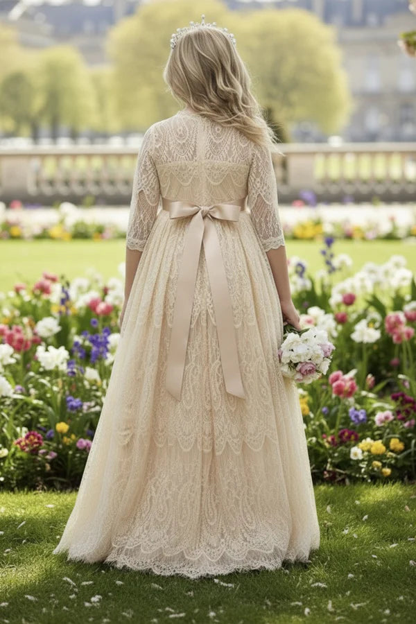 Scalloped High Neck Three Quarter Lace Champagne Full Length Empire Waist Flower Girl Dresses
