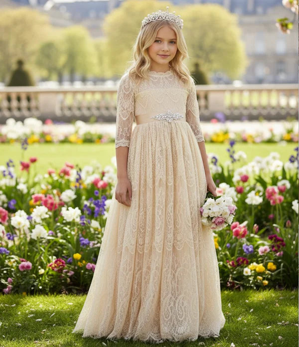 Scalloped High Neck Three Quarter Lace Champagne Full Length Empire Waist Flower Girl Dresses