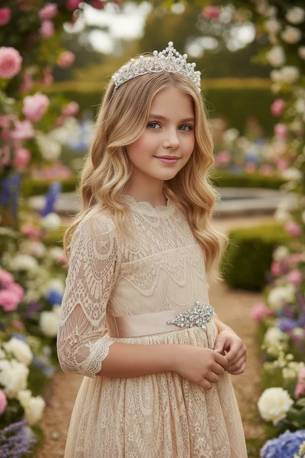Scalloped High Neck Three Quarter Lace Champagne Midi Empire Waist Flower Girl Dresses
