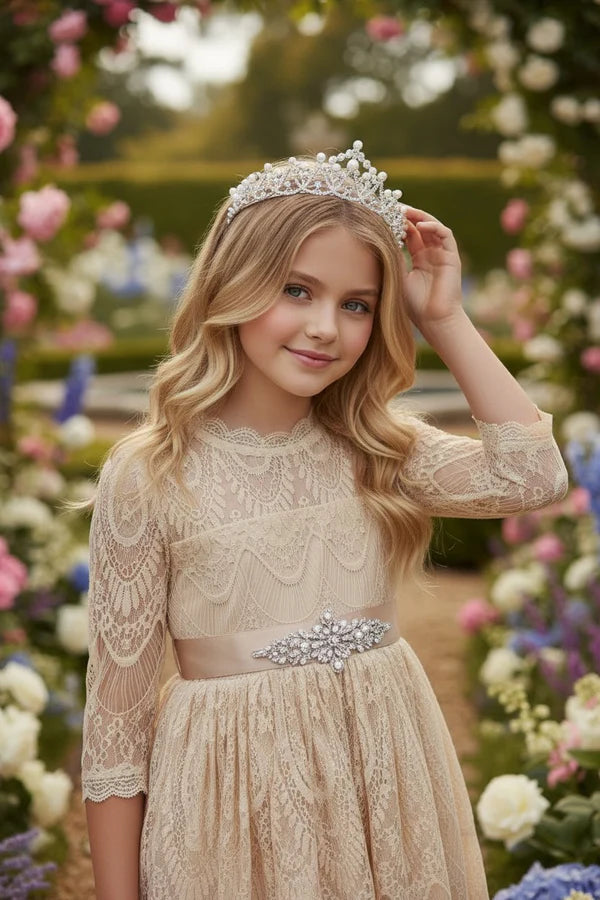 Scalloped High Neck Three Quarter Lace Champagne Midi Empire Waist Flower Girl Dresses