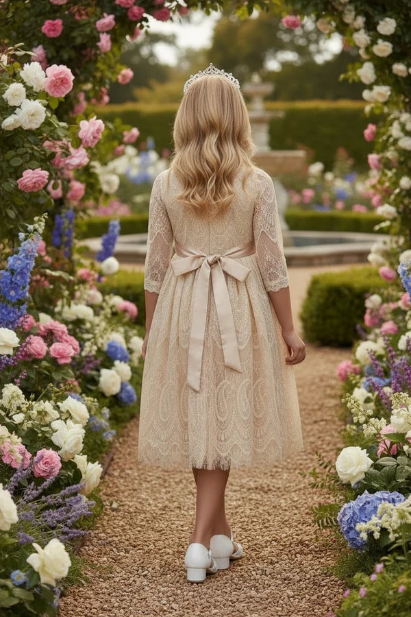 Scalloped High Neck Three Quarter Lace Champagne Midi Empire Waist Flower Girl Dresses