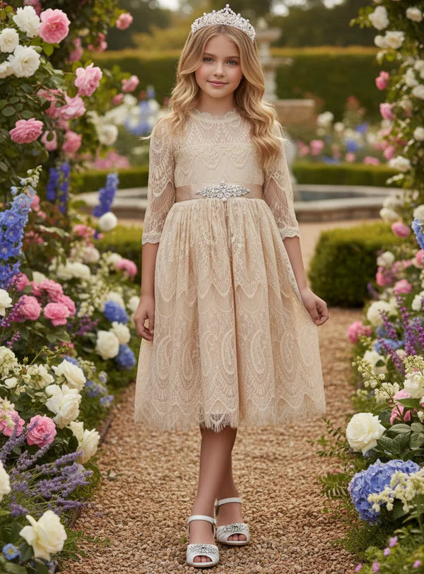 Scalloped High Neck Three Quarter Lace Champagne Midi Empire Waist Flower Girl Dresses
