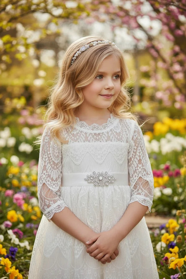 Scalloped High Neck Three Quarter Lace White Midi Empire Waist First Communion Dresses