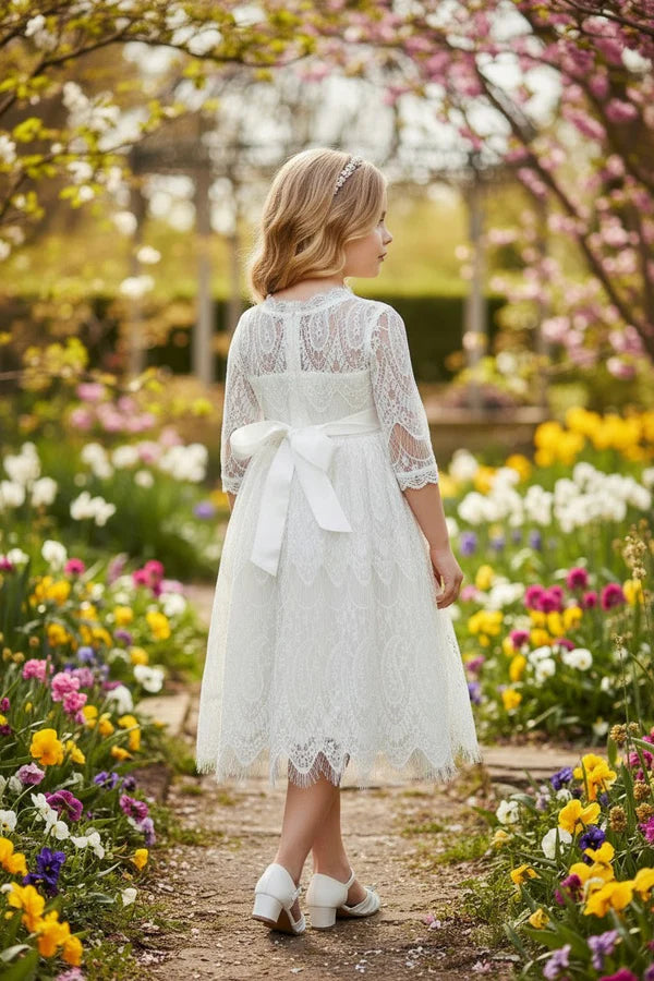 Scalloped High Neck Three Quarter Lace White Midi Empire Waist First Communion Dresses