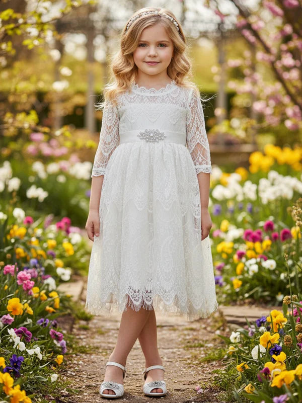 Scalloped High Neck Three Quarter Lace White Midi Empire Waist First Communion Dresses