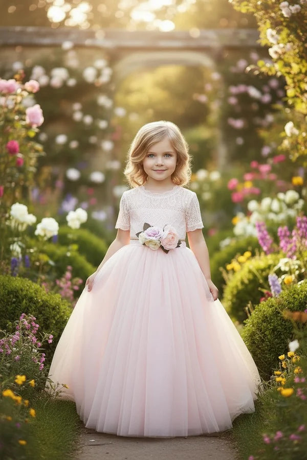 Scalloped Neck Short Sleeve Blush Tulle Full Length Heart Cutout Back Flower Girl Dresses