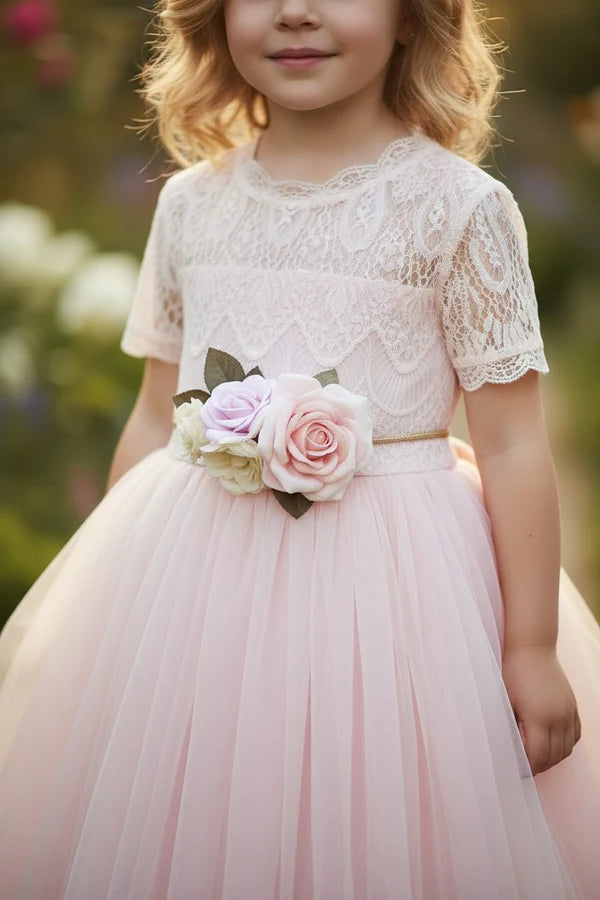 Scalloped Neck Short Sleeve Blush Tulle Full Length Heart Cutout Back Flower Girl Dresses