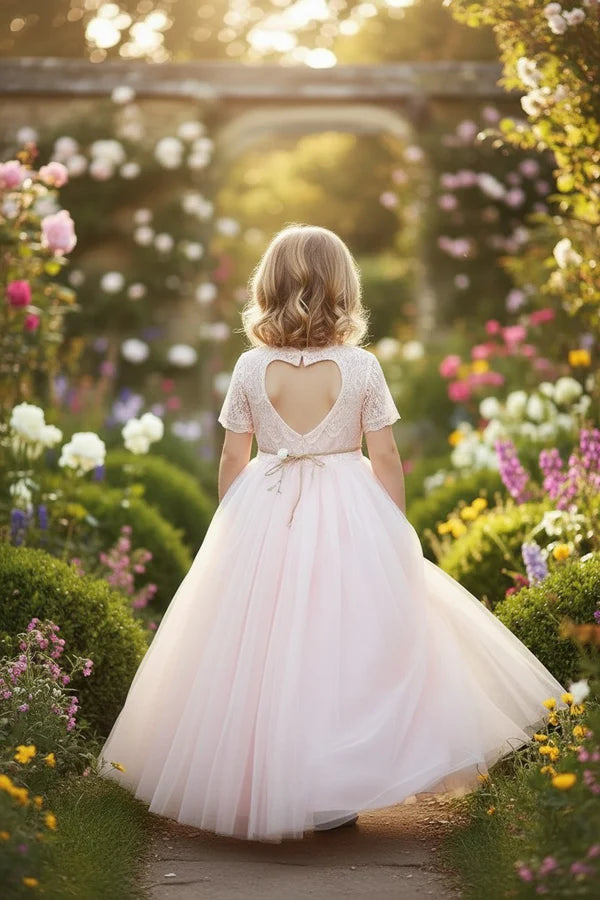 Scalloped Neck Short Sleeve Blush Tulle Full Length Heart Cutout Back Flower Girl Dresses