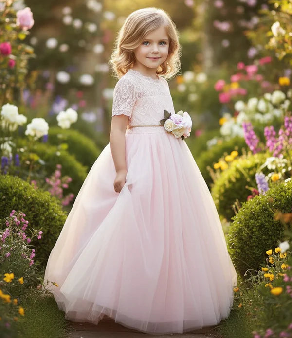 Scalloped Neck Short Sleeve Blush Tulle Full Length Heart Cutout Back Flower Girl Dresses