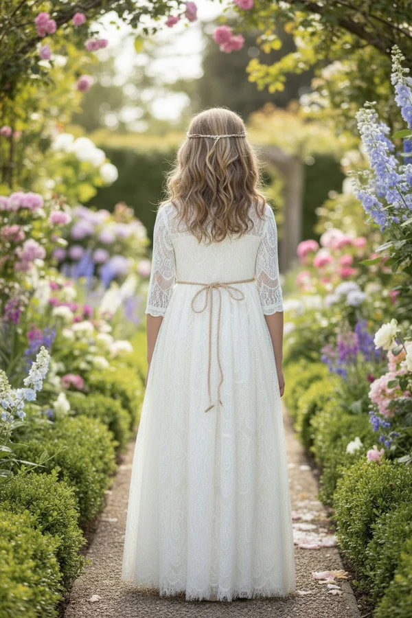 Scalloped High Neck Three Quarter Lace White Midi Empire Waist First Communion Dresses（副本）