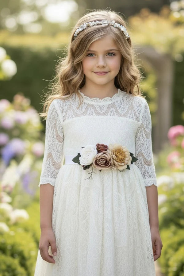 Scalloped High Neck Three Quarter Lace White Midi Empire Waist First Communion Dresses（副本）