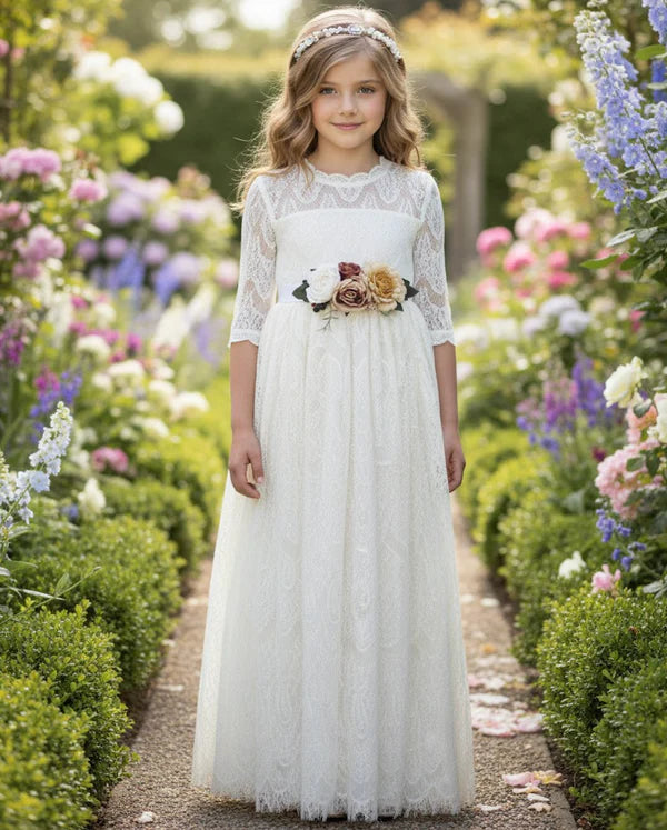 Scalloped High Neck Three Quarter Lace White Midi Empire Waist First Communion Dresses（副本）