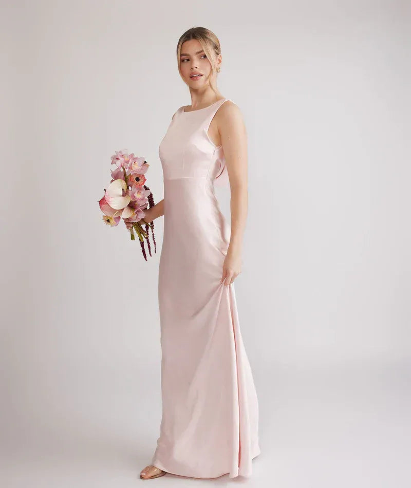 Scoop Neck Deep Cowl Open Back Mermaid Satin Long Bridesmaid Dress