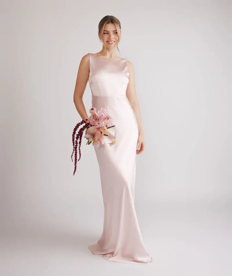 Scoop Neck Deep Cowl Open Back Mermaid Satin Long Bridesmaid Dress
