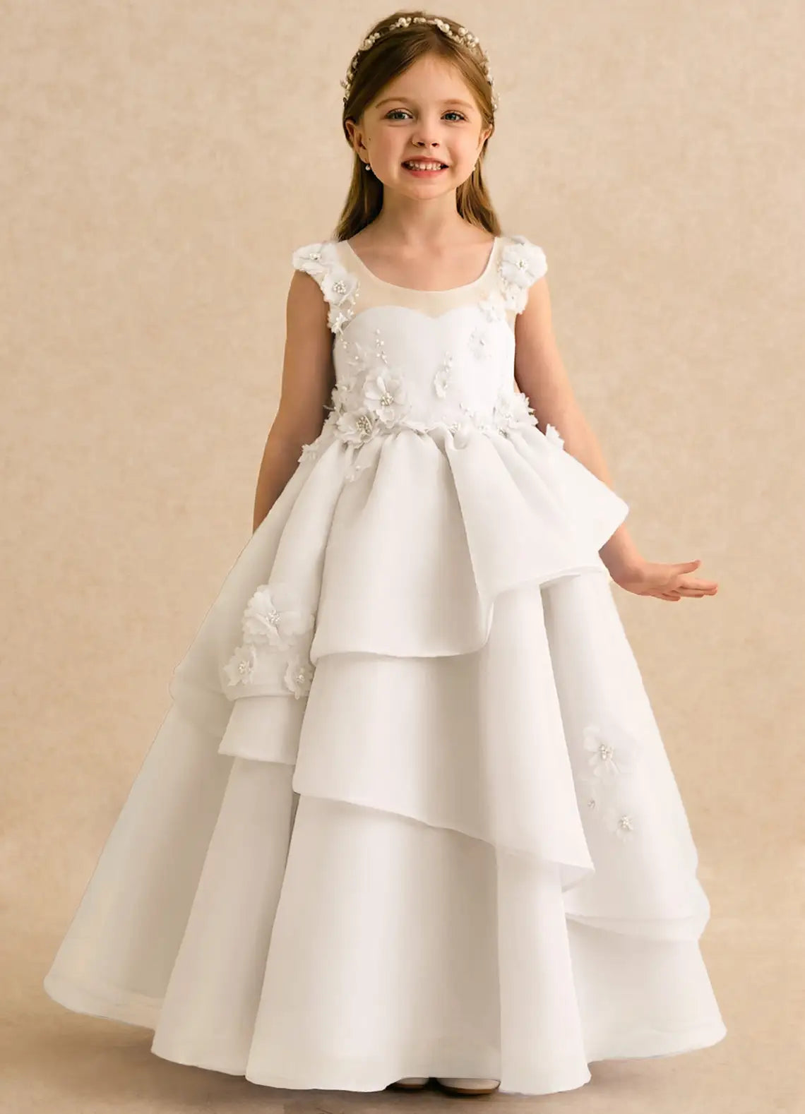 Scoop Neck Sleeveless White Organza Full-Length Flower Girl Dresses with 3D Floral Appliques and Back Big Bow