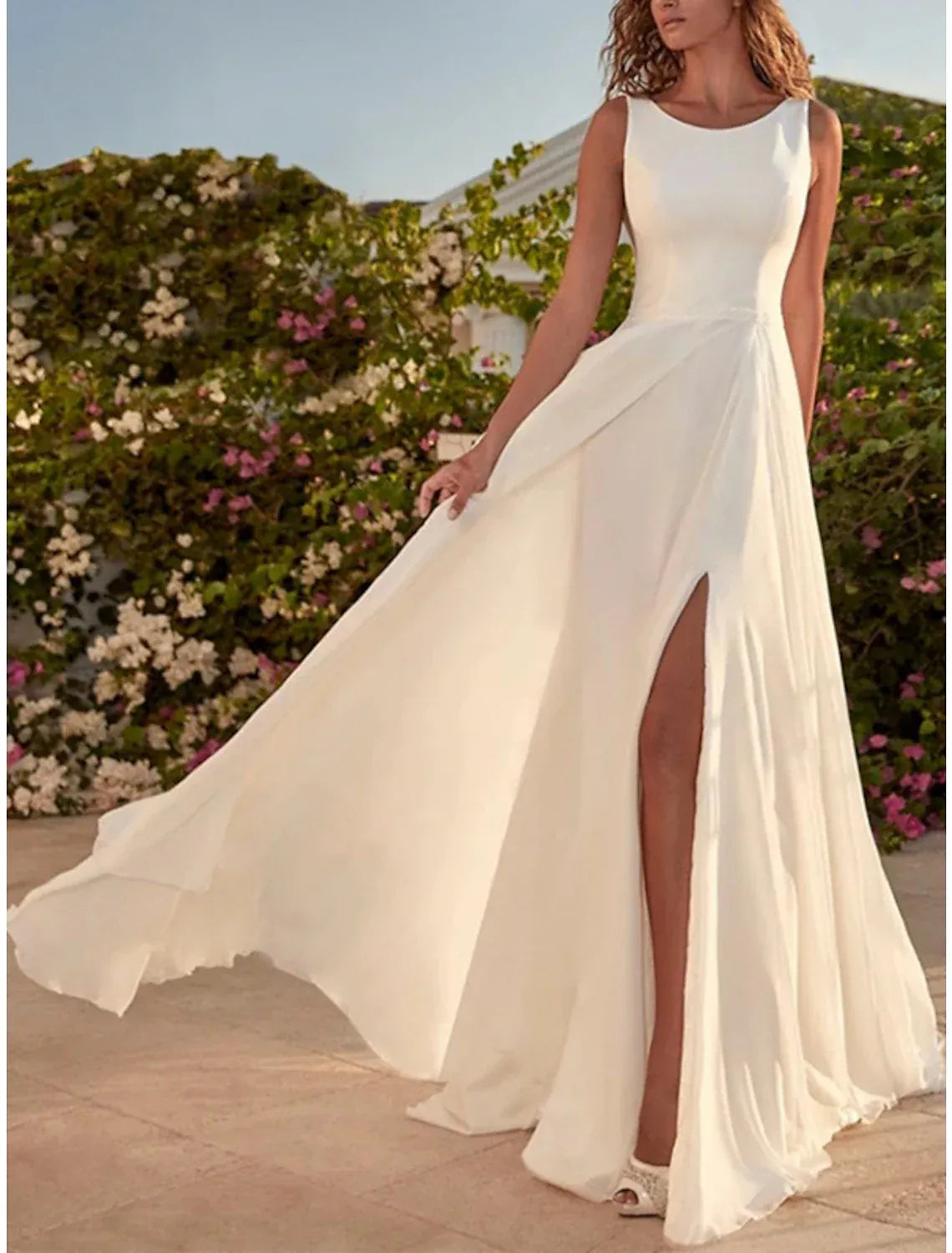 Scoop Sleeveless Chiffon A Line Wedding Dress Deep V Back High Slit Chapel Train