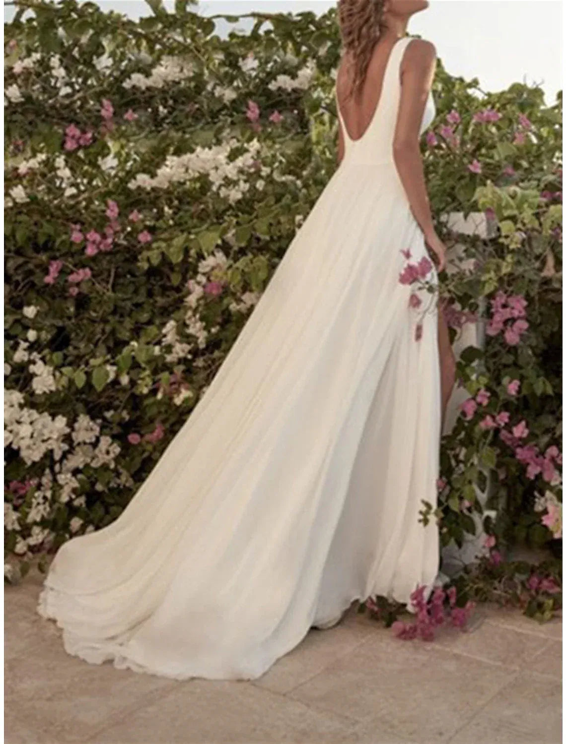 Scoop Sleeveless Chiffon A Line Wedding Dress Deep V Back High Slit Chapel Train