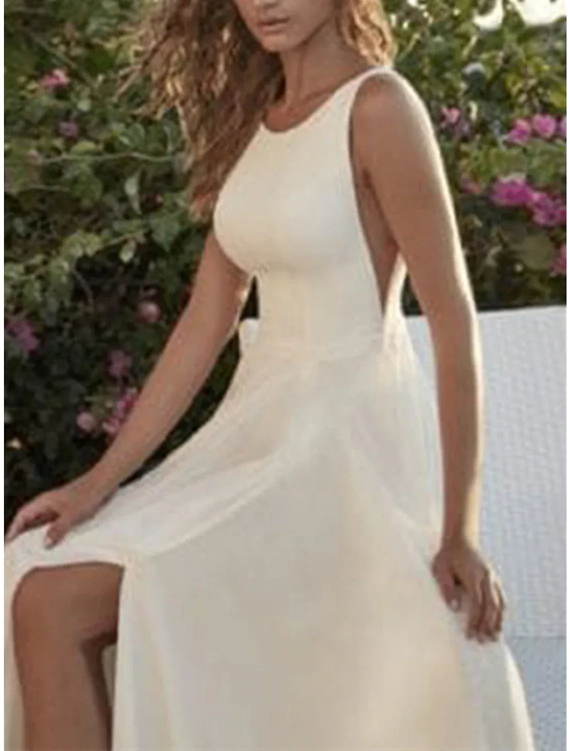 Scoop Sleeveless Chiffon A Line Wedding Dress Deep V Back High Slit Chapel Train